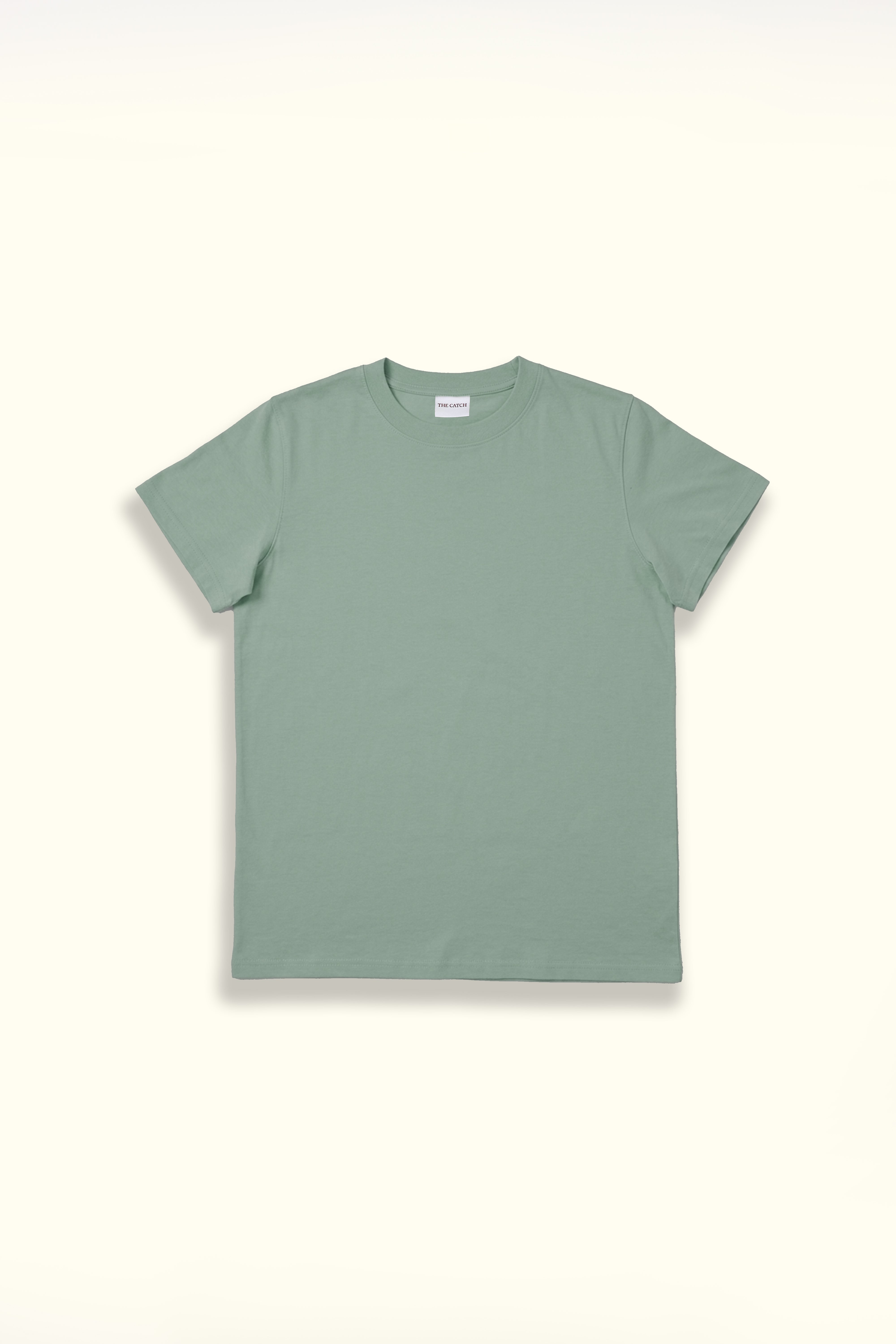 A sage green short-sleeve crewneck t-shirt .