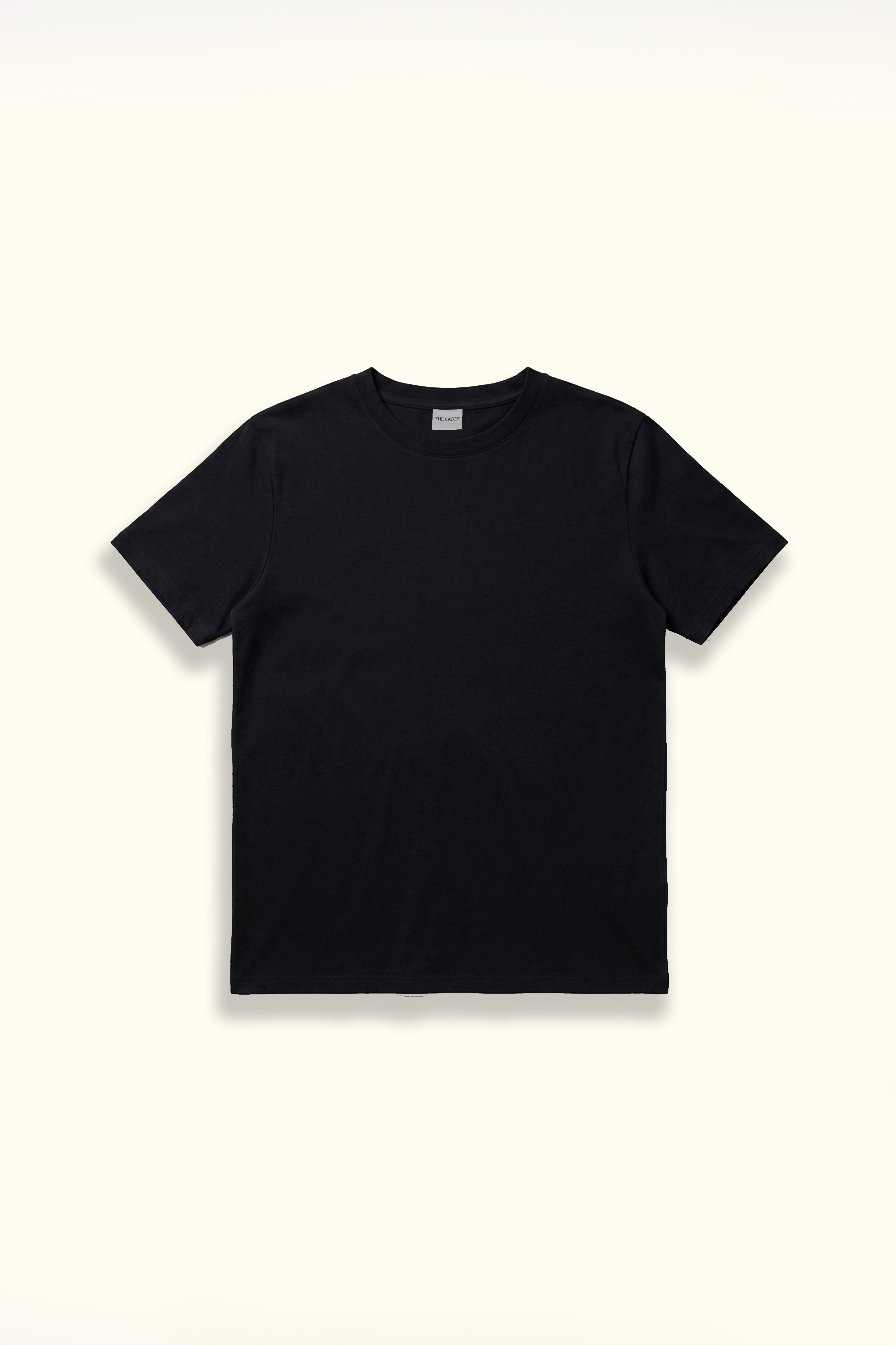 A plain black short-sleeve crewneck t-shirt. 