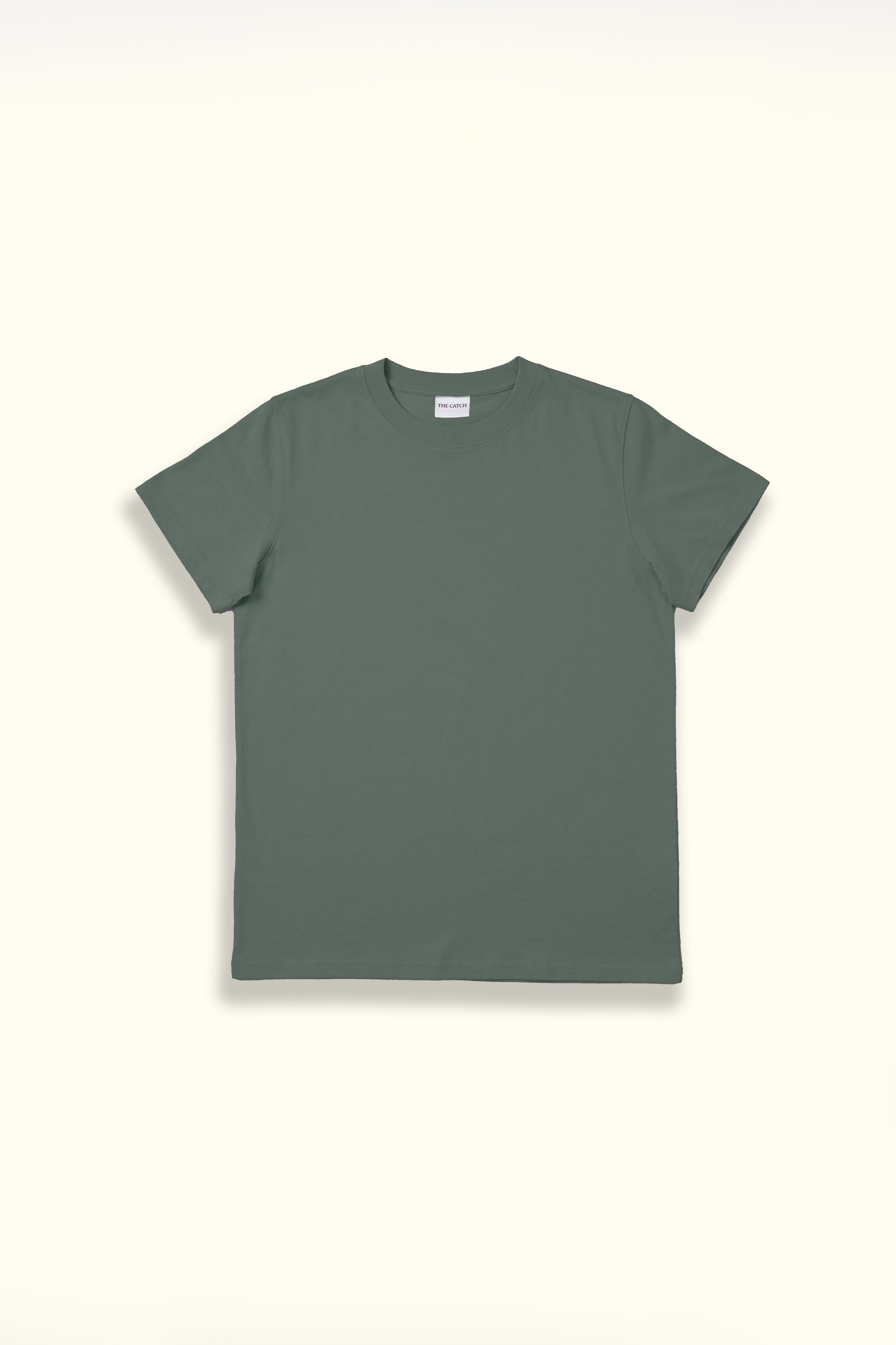 A solid dark green crewneck t-shirt.