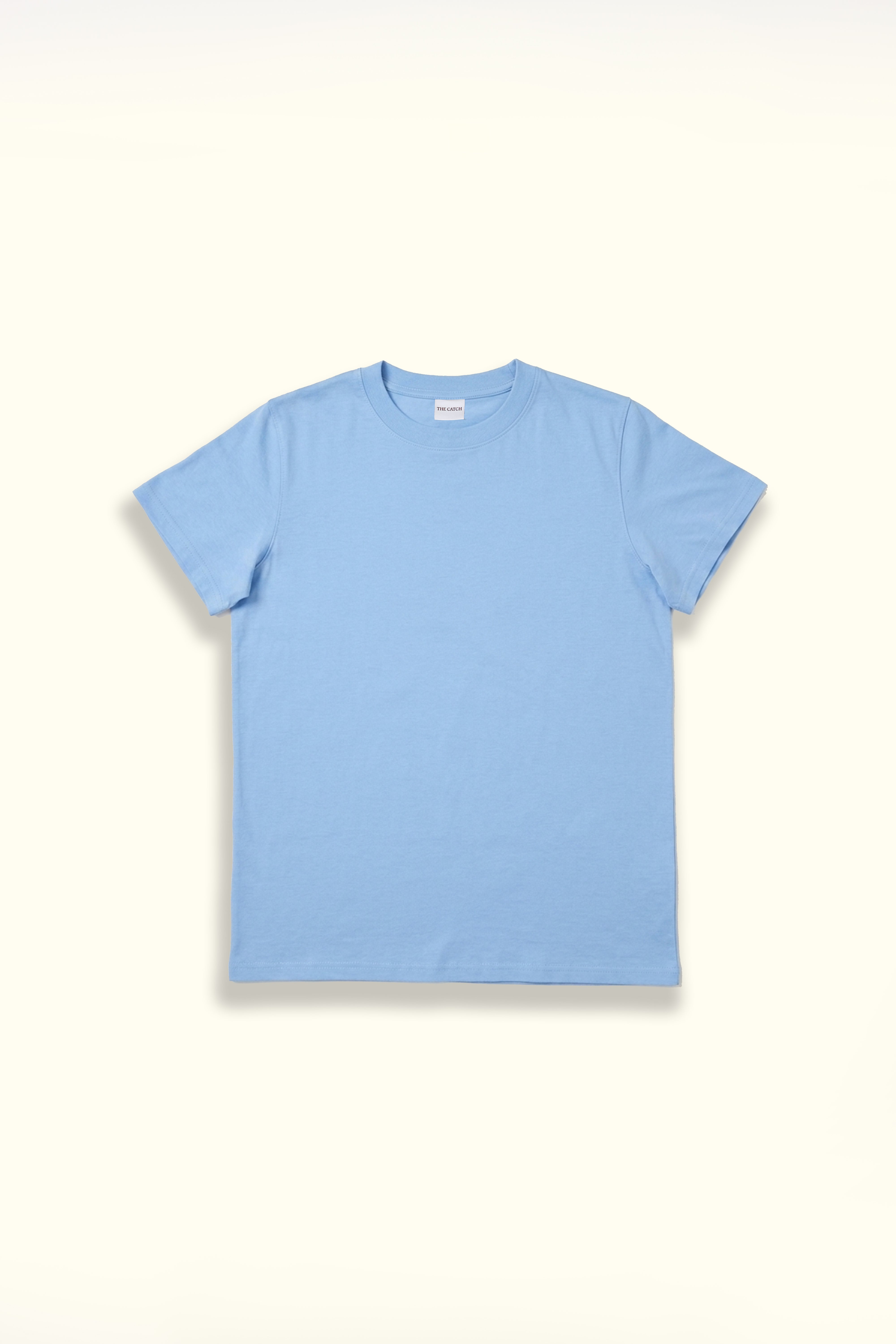 A light blue short-sleeve crewneck t-shirt .